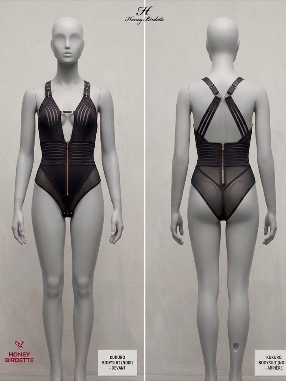 Honey Birdette Kukuro Noir Sheer Strappy Bodysuit Swim